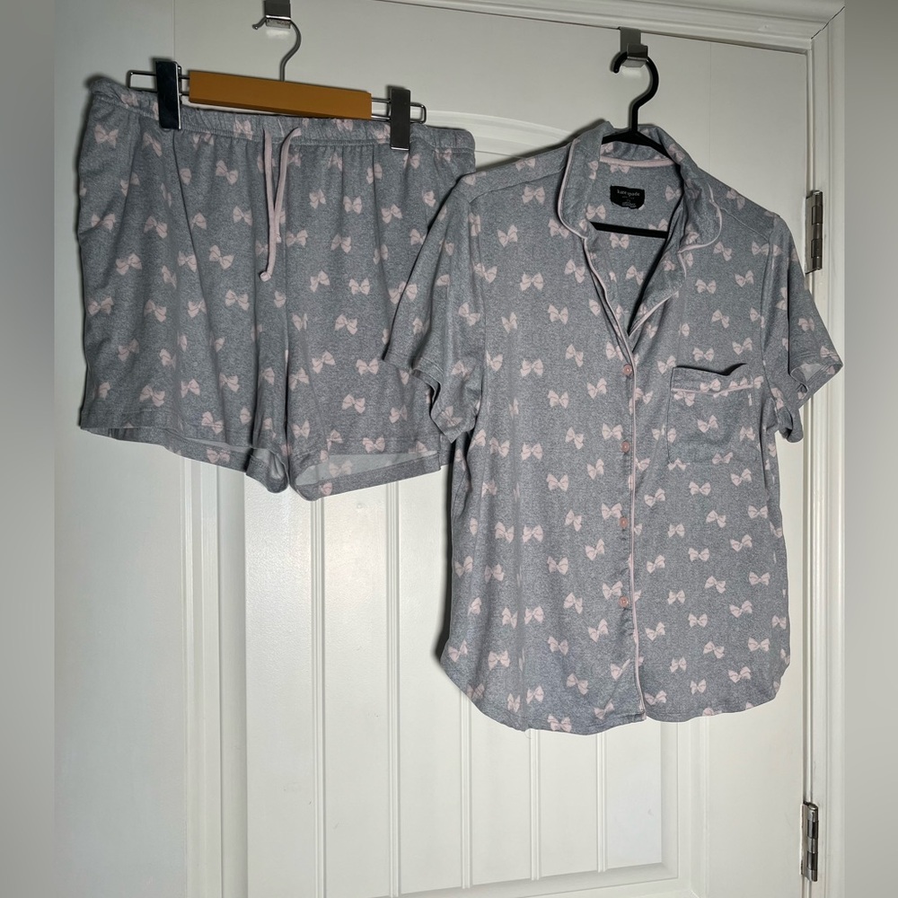 Kate Spade Gray and Pink Bow Pajama Set with short sleeve shirt and shorts